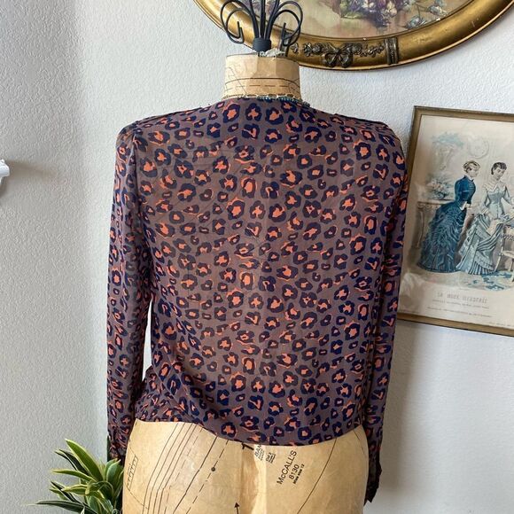 Blue Rain Francescas Orange Blue Brown Leopard Print Sheer Blouse sz S Career - Picture 4 of 9